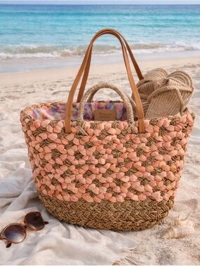 Abbacino Straw Tote Bag Pink Woven Raffia Beach Shoulder Mallorca Boho